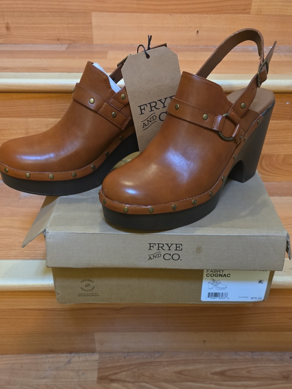 FRYE AND CO. Cognac Leather Studded Slingback Clog Heels